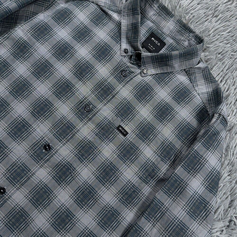 Rvca Shirt Medium Gray Blue Button Down That’ll Do Hombre Plaid Pocket Mens